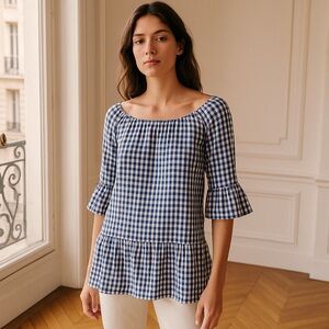 Beachlunchlounge Blue Gingham Peplum Babydoll Top Size XS